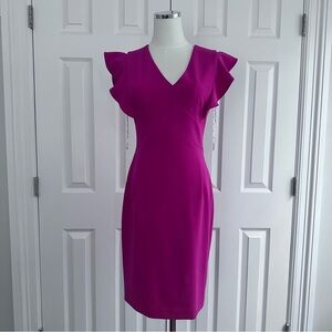 DKNY Pink Ruffled Sheath, V neck, Midi Dress, Size 4